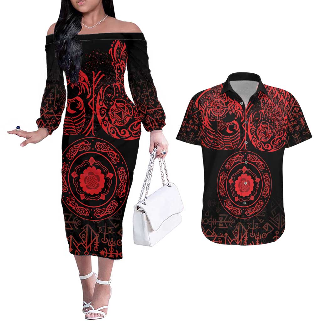 Viking Pride of Yorkshire Couples Matching Off The Shoulder Long Sleeve Dress and Hawaiian Shirt Red Odin’s Ravens Nordic - Wonder Print Shop