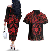 Viking Pride of Yorkshire Couples Matching Off The Shoulder Long Sleeve Dress and Hawaiian Shirt Red Odin’s Ravens Nordic - Wonder Print Shop