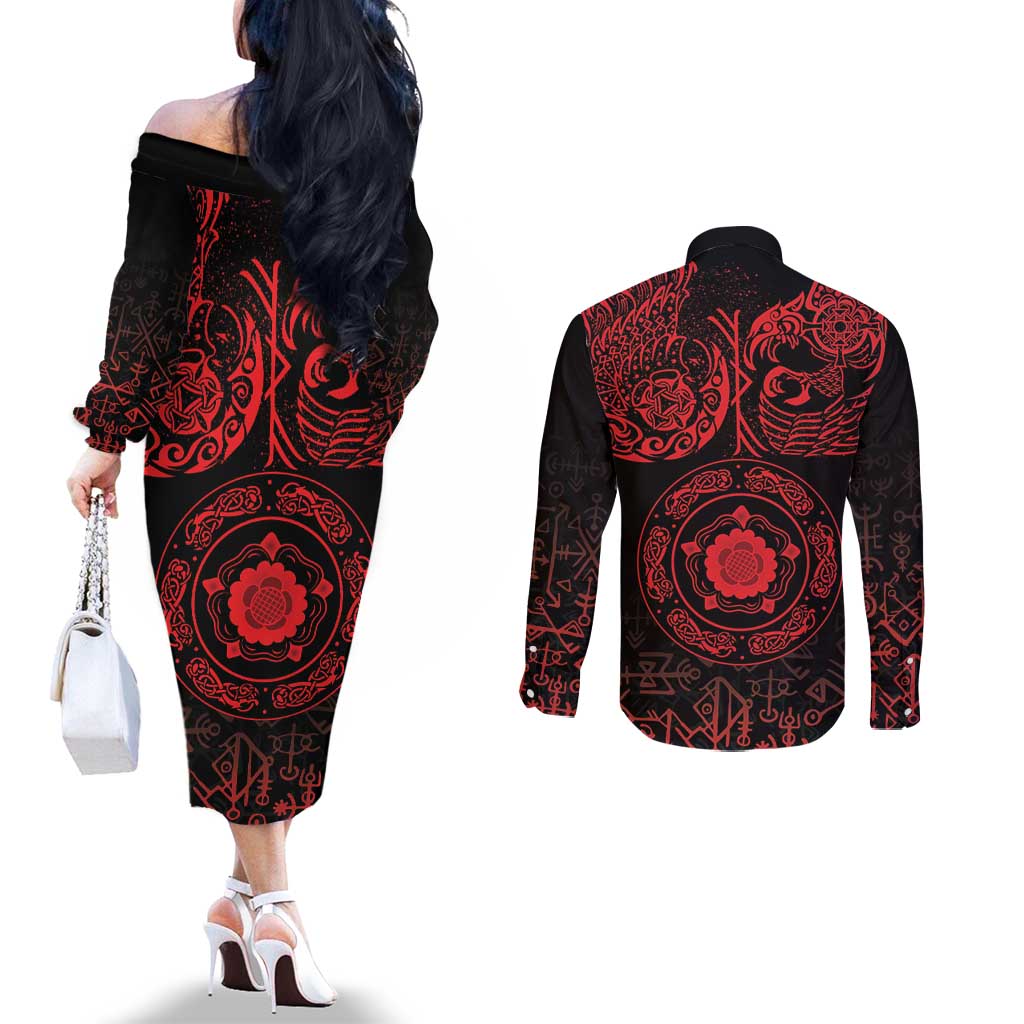 Viking Pride of Yorkshire Couples Matching Off The Shoulder Long Sleeve Dress and Long Sleeve Button Shirt Red Odin’s Ravens Nordic - Wonder Print Shop