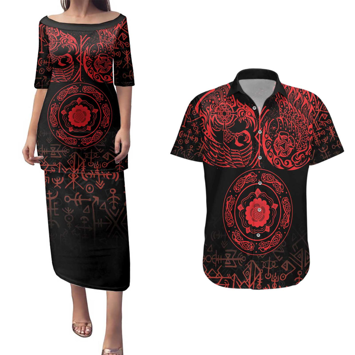 Viking Pride of Yorkshire Couples Matching Puletasi and Hawaiian Shirt Red Odin’s Ravens Nordic - Wonder Print Shop
