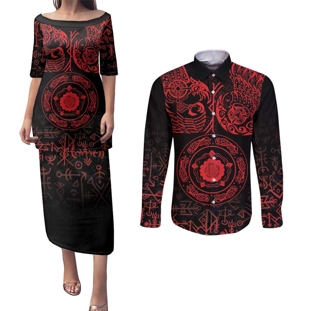 Viking Pride of Yorkshire Couples Matching Puletasi and Long Sleeve Button Shirt Red Odin’s Ravens Nordic - Wonder Print Shop