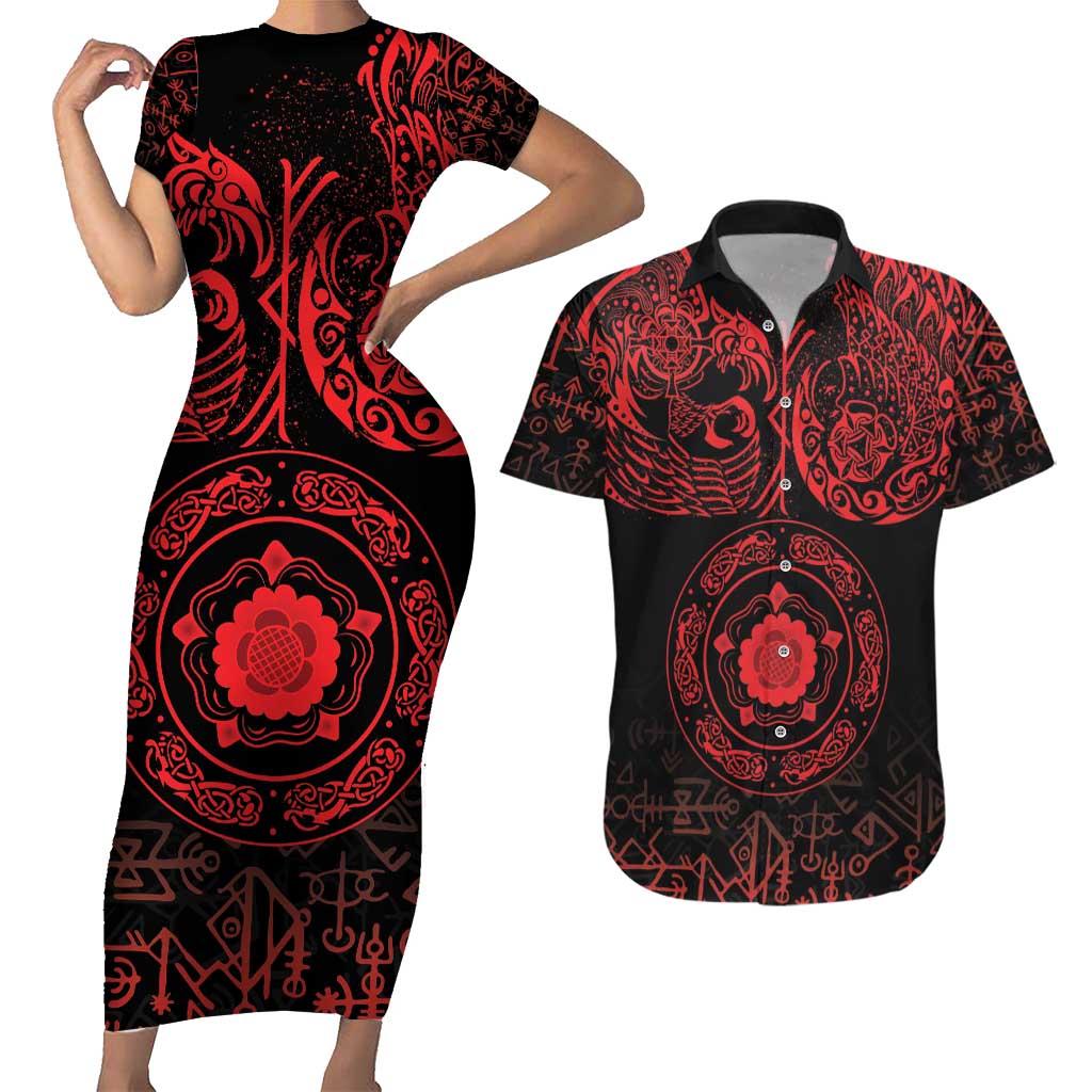 Viking Pride of Yorkshire Couples Matching Short Sleeve Bodycon Dress and Hawaiian Shirt Red Odin’s Ravens Nordic - Wonder Print Shop