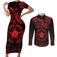 Viking Pride of Yorkshire Couples Matching Short Sleeve Bodycon Dress and Long Sleeve Button Shirt Red Odin’s Ravens Nordic - Wonder Print Shop