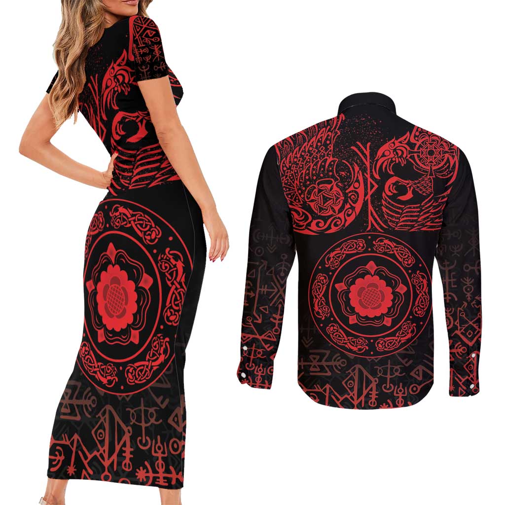 Viking Pride of Yorkshire Couples Matching Short Sleeve Bodycon Dress and Long Sleeve Button Shirt Red Odin’s Ravens Nordic - Wonder Print Shop