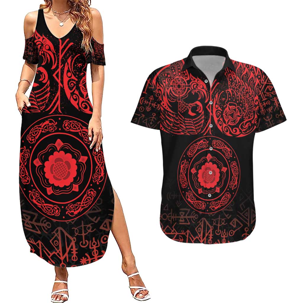 Viking Pride of Yorkshire Couples Matching Summer Maxi Dress and Hawaiian Shirt Red Odin’s Ravens Nordic - Wonder Print Shop