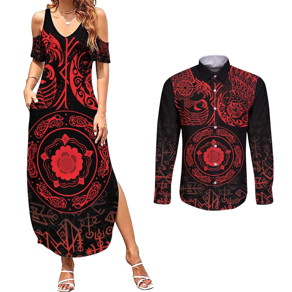 Viking Pride of Yorkshire Couples Matching Summer Maxi Dress and Long Sleeve Button Shirt Red Odin’s Ravens Nordic - Wonder Print Shop