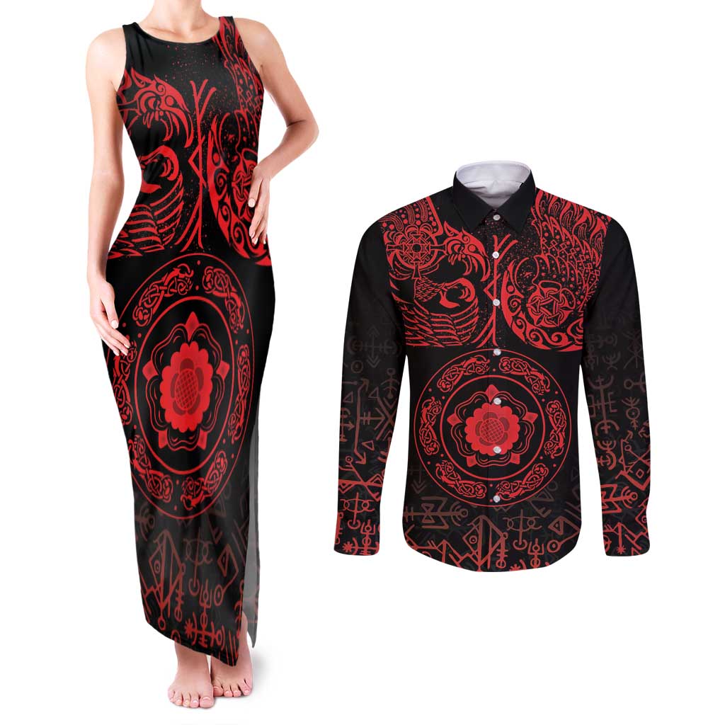 Viking Pride of Yorkshire Couples Matching Tank Maxi Dress and Long Sleeve Button Shirt Red Odin’s Ravens Nordic - Wonder Print Shop