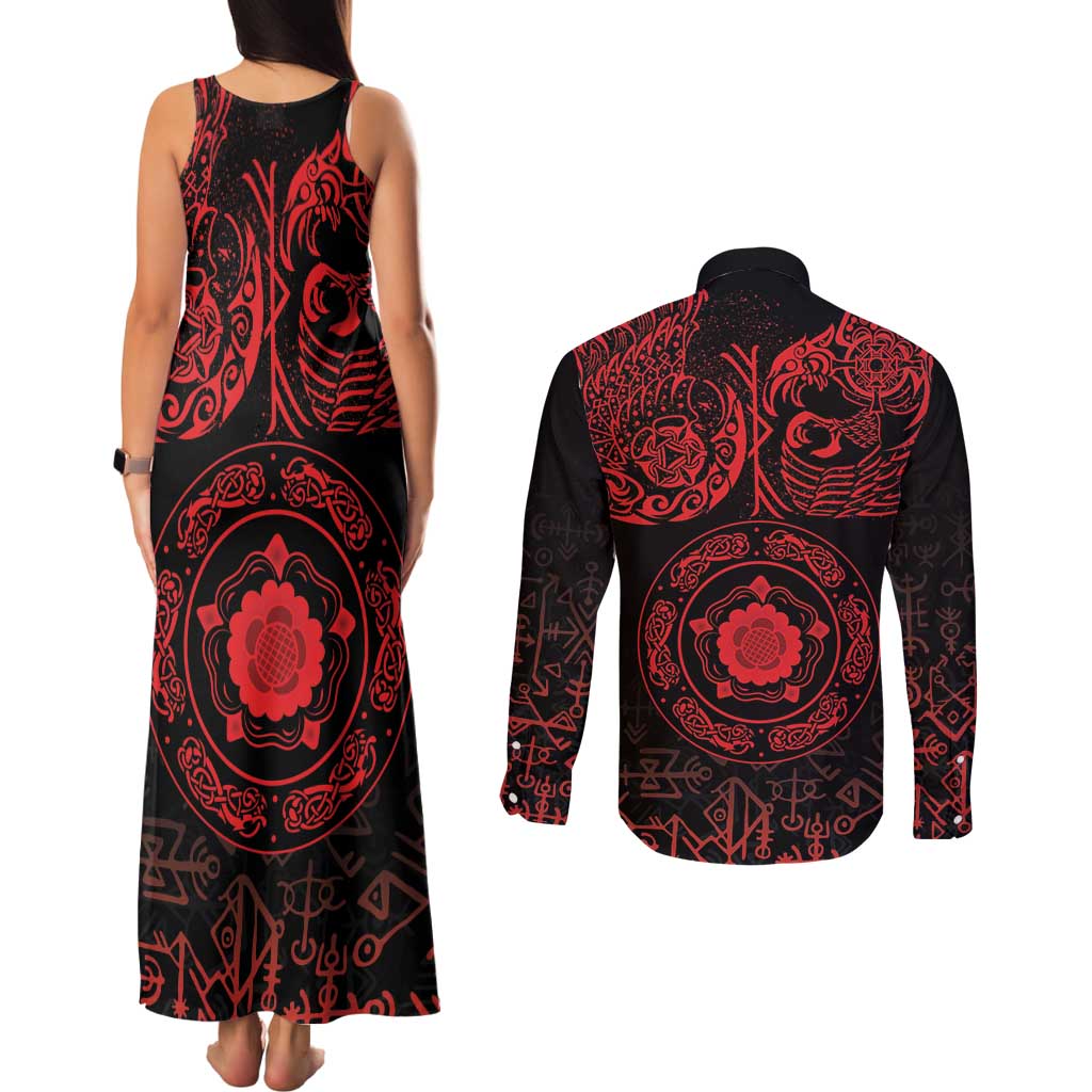 Viking Pride of Yorkshire Couples Matching Tank Maxi Dress and Long Sleeve Button Shirt Red Odin’s Ravens Nordic - Wonder Print Shop