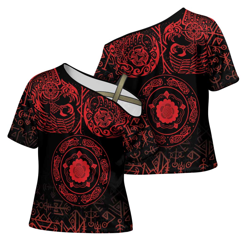 Viking Pride of Yorkshire Cross Shoulder Shirt Red Odin’s Ravens Nordic - Wonder Print Shop