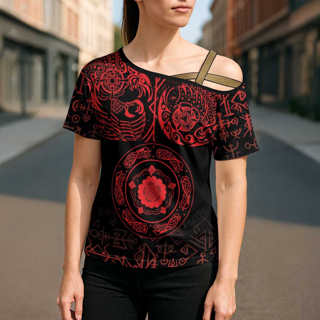 Viking Pride of Yorkshire Cross Shoulder Shirt Red Odin’s Ravens Nordic - Wonder Print Shop