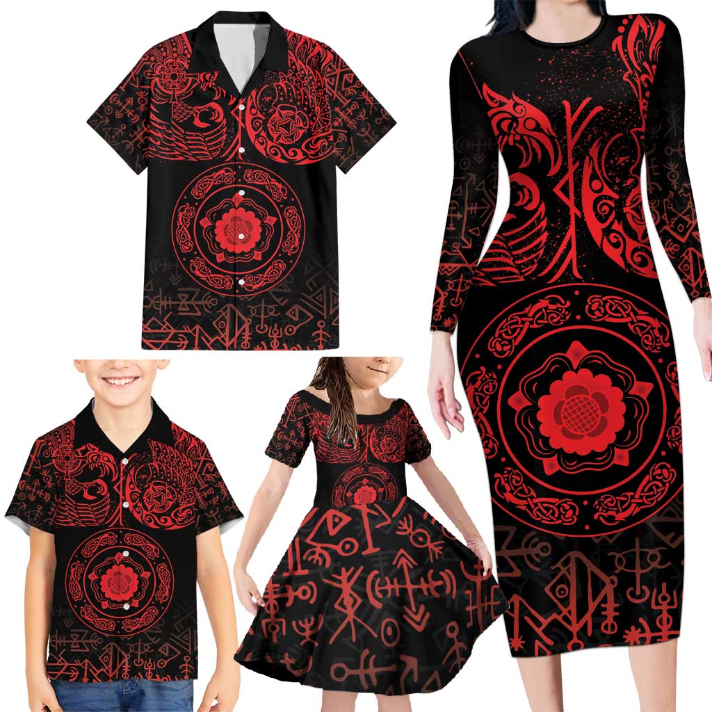 Viking Pride of Yorkshire Family Matching Long Sleeve Bodycon Dress and Hawaiian Shirt Red Odin’s Ravens Nordic - Wonder Print Shop