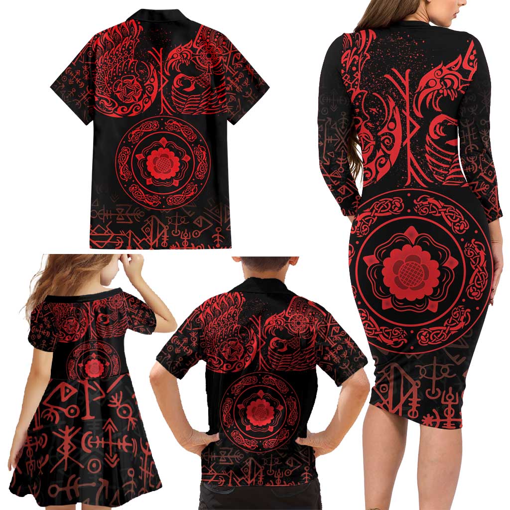 Viking Pride of Yorkshire Family Matching Long Sleeve Bodycon Dress and Hawaiian Shirt Red Odin’s Ravens Nordic - Wonder Print Shop