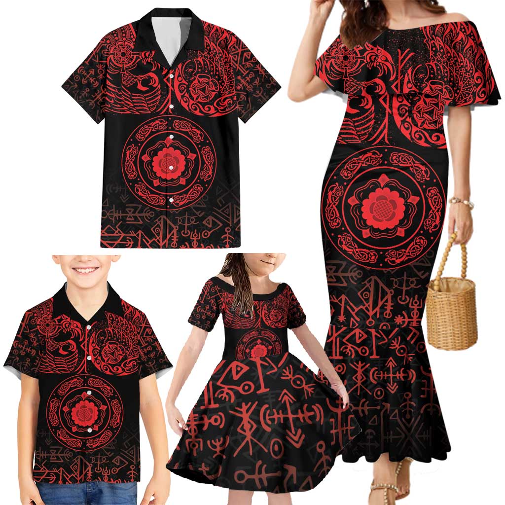 Viking Pride of Yorkshire Family Matching Mermaid Dress and Hawaiian Shirt Red Odin’s Ravens Nordic - Wonder Print Shop