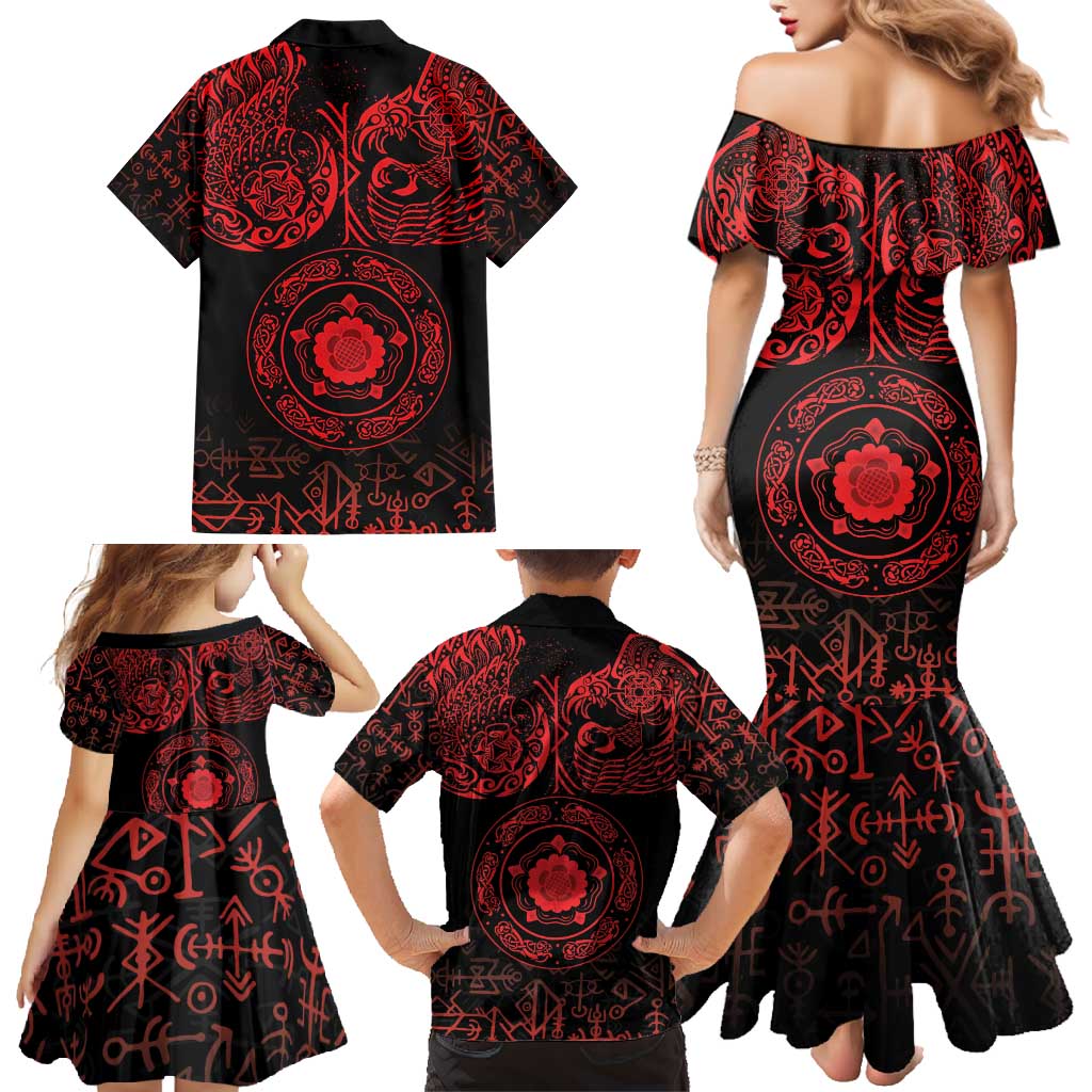 Viking Pride of Yorkshire Family Matching Mermaid Dress and Hawaiian Shirt Red Odin’s Ravens Nordic - Wonder Print Shop