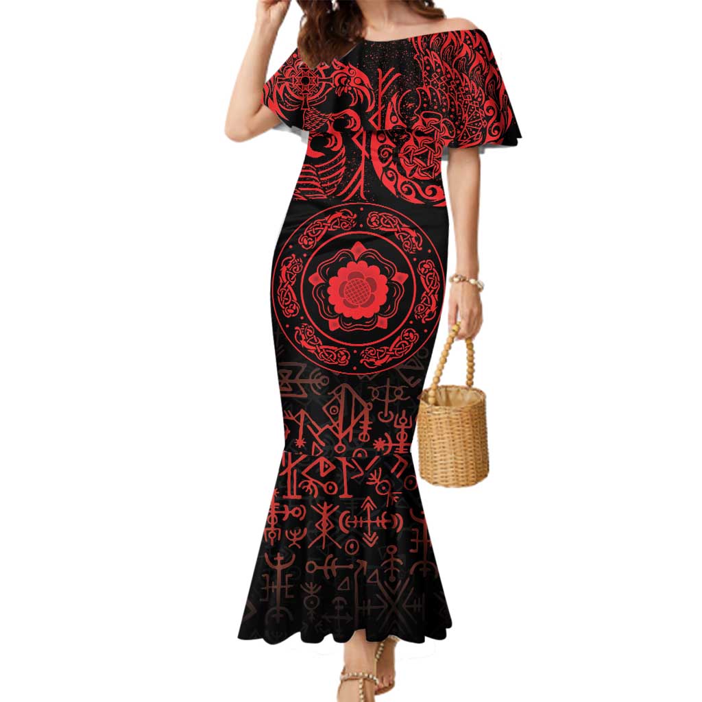 Viking Pride of Yorkshire Family Matching Mermaid Dress and Hawaiian Shirt Red Odin’s Ravens Nordic - Wonder Print Shop