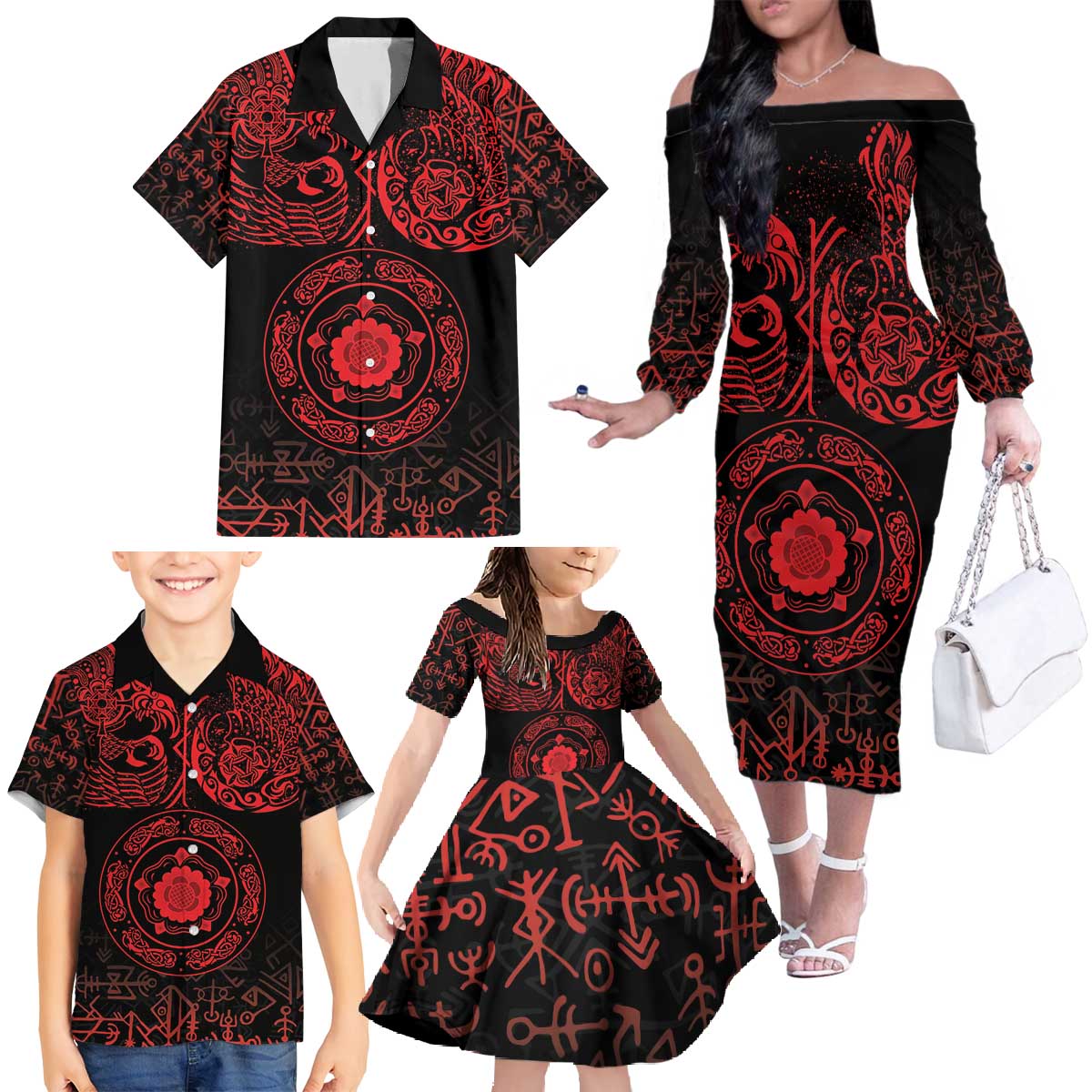 Viking Pride of Yorkshire Family Matching Off The Shoulder Long Sleeve Dress and Hawaiian Shirt Red Odin’s Ravens Nordic - Wonder Print Shop