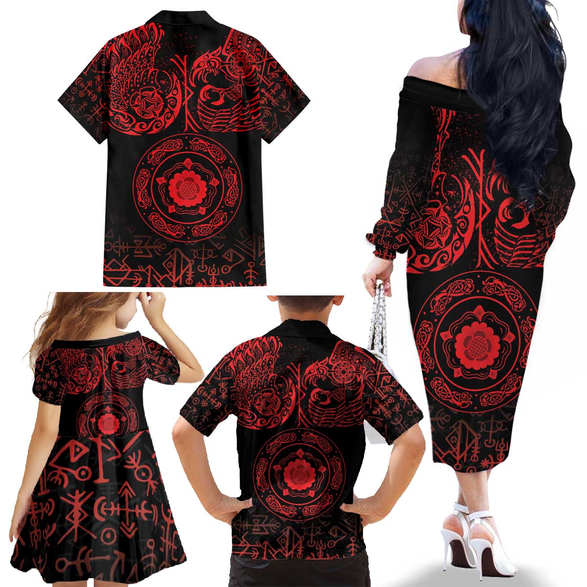 Viking Pride of Yorkshire Family Matching Off The Shoulder Long Sleeve Dress and Hawaiian Shirt Red Odin’s Ravens Nordic - Wonder Print Shop