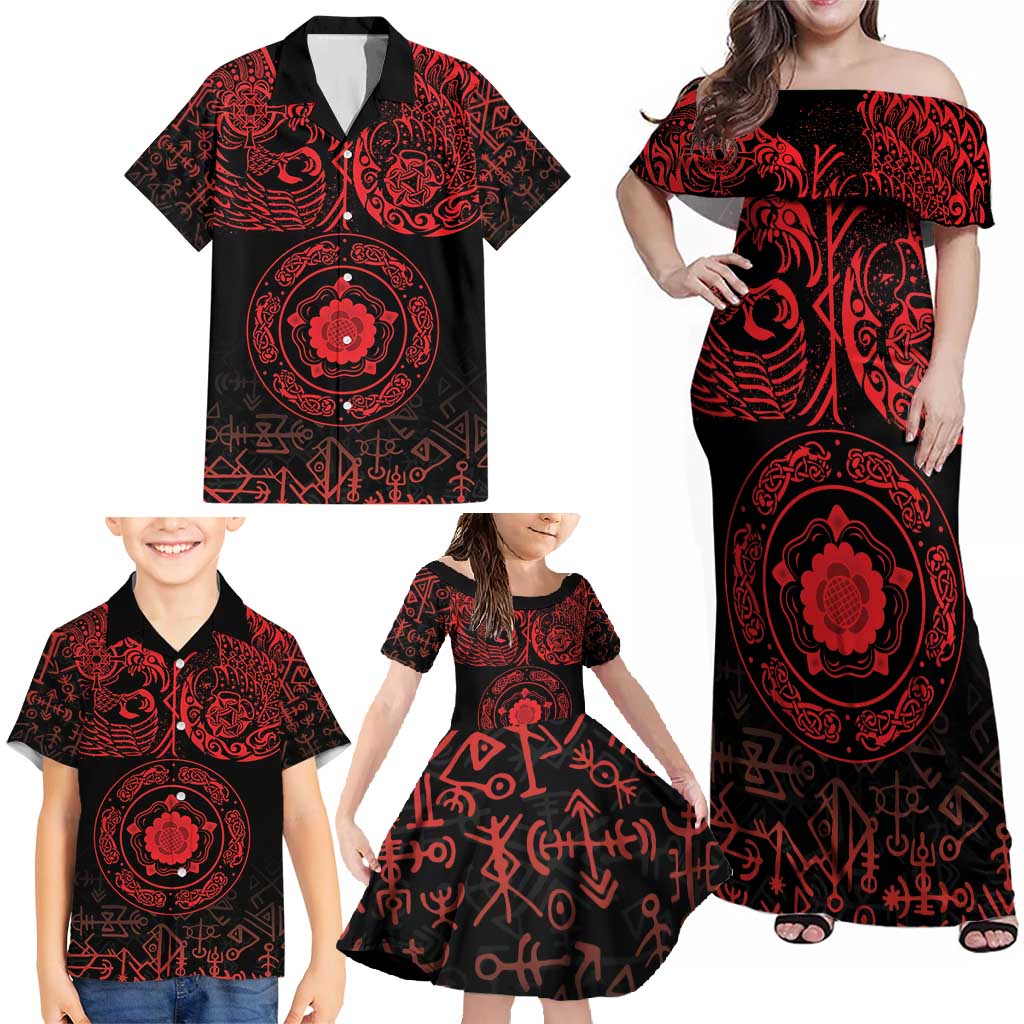 Viking Pride of Yorkshire Family Matching Off Shoulder Maxi Dress and Hawaiian Shirt Red Odin’s Ravens Nordic - Wonder Print Shop