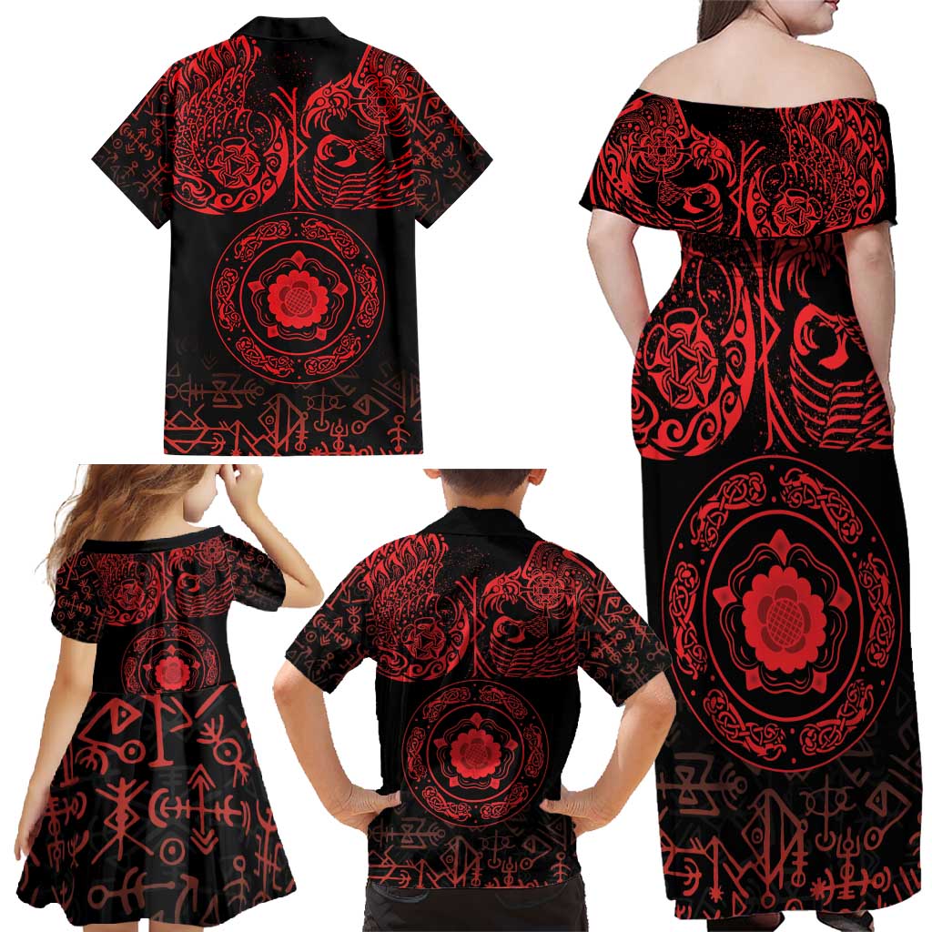 Viking Pride of Yorkshire Family Matching Off Shoulder Maxi Dress and Hawaiian Shirt Red Odin’s Ravens Nordic - Wonder Print Shop