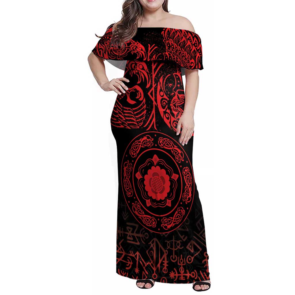 Viking Pride of Yorkshire Family Matching Off Shoulder Maxi Dress and Hawaiian Shirt Red Odin’s Ravens Nordic - Wonder Print Shop