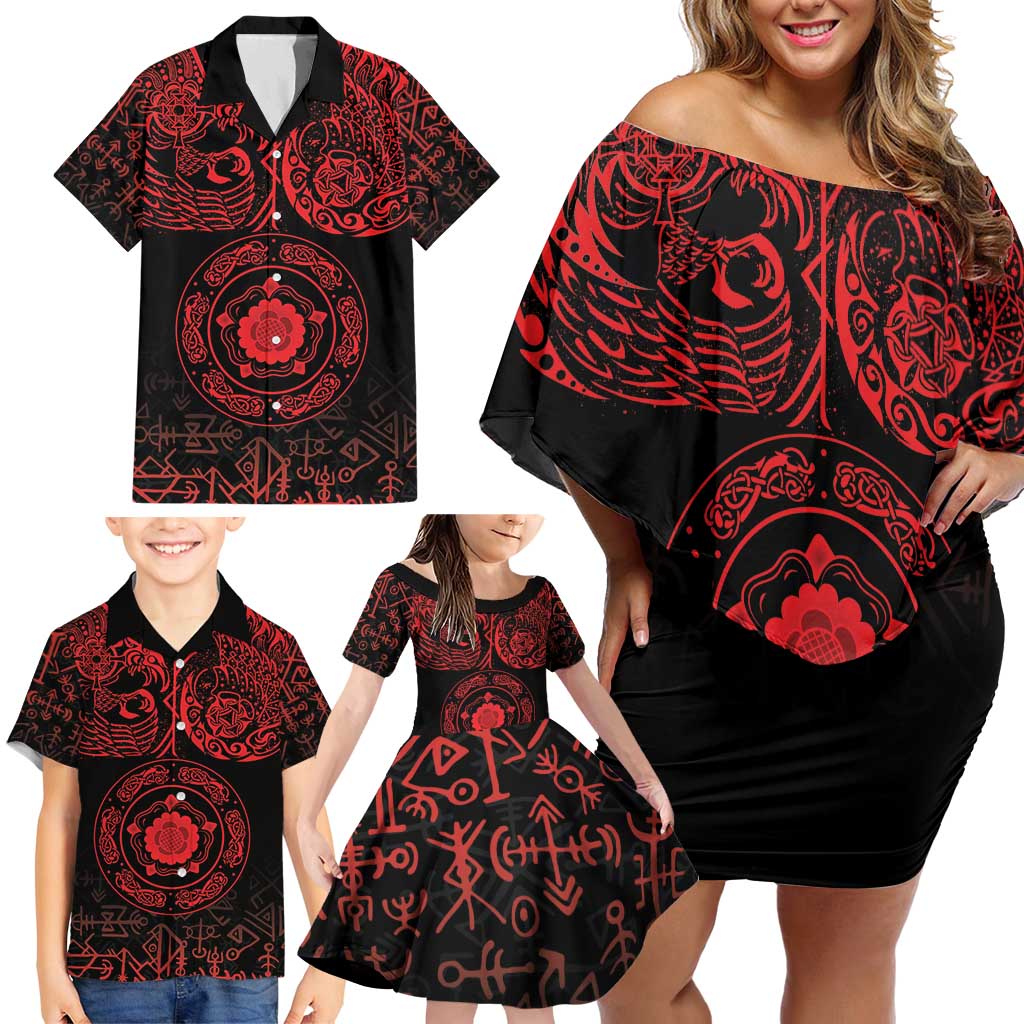 Viking Pride of Yorkshire Family Matching Off Shoulder Short Dress and Hawaiian Shirt Red Odin’s Ravens Nordic - Wonder Print Shop