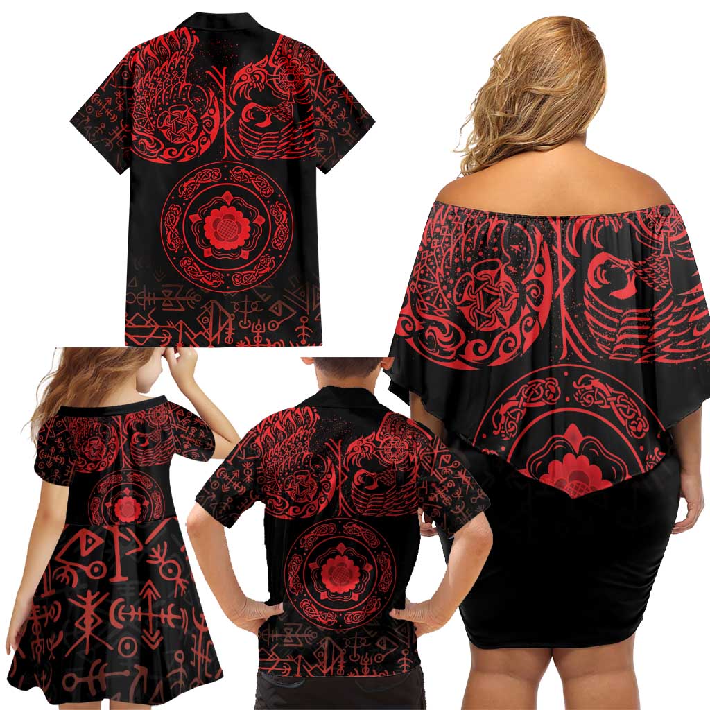 Viking Pride of Yorkshire Family Matching Off Shoulder Short Dress and Hawaiian Shirt Red Odin’s Ravens Nordic - Wonder Print Shop
