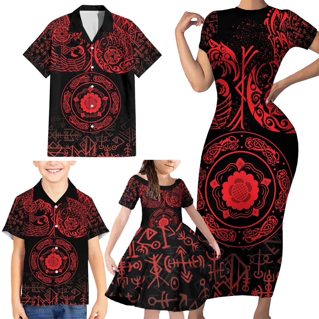 Viking Pride of Yorkshire Family Matching Short Sleeve Bodycon Dress and Hawaiian Shirt Red Odin’s Ravens Nordic - Wonder Print Shop