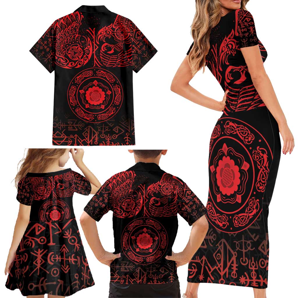 Viking Pride of Yorkshire Family Matching Short Sleeve Bodycon Dress and Hawaiian Shirt Red Odin’s Ravens Nordic - Wonder Print Shop