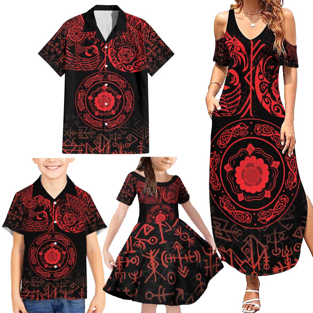 Viking Pride of Yorkshire Family Matching Summer Maxi Dress and Hawaiian Shirt Red Odin’s Ravens Nordic - Wonder Print Shop