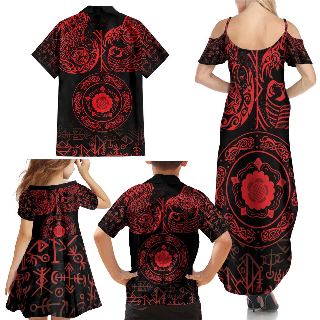 Viking Pride of Yorkshire Family Matching Summer Maxi Dress and Hawaiian Shirt Red Odin’s Ravens Nordic - Wonder Print Shop