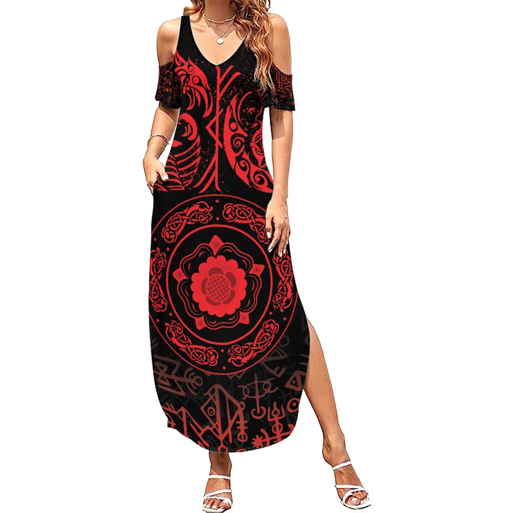 Viking Pride of Yorkshire Family Matching Summer Maxi Dress and Hawaiian Shirt Red Odin’s Ravens Nordic - Wonder Print Shop