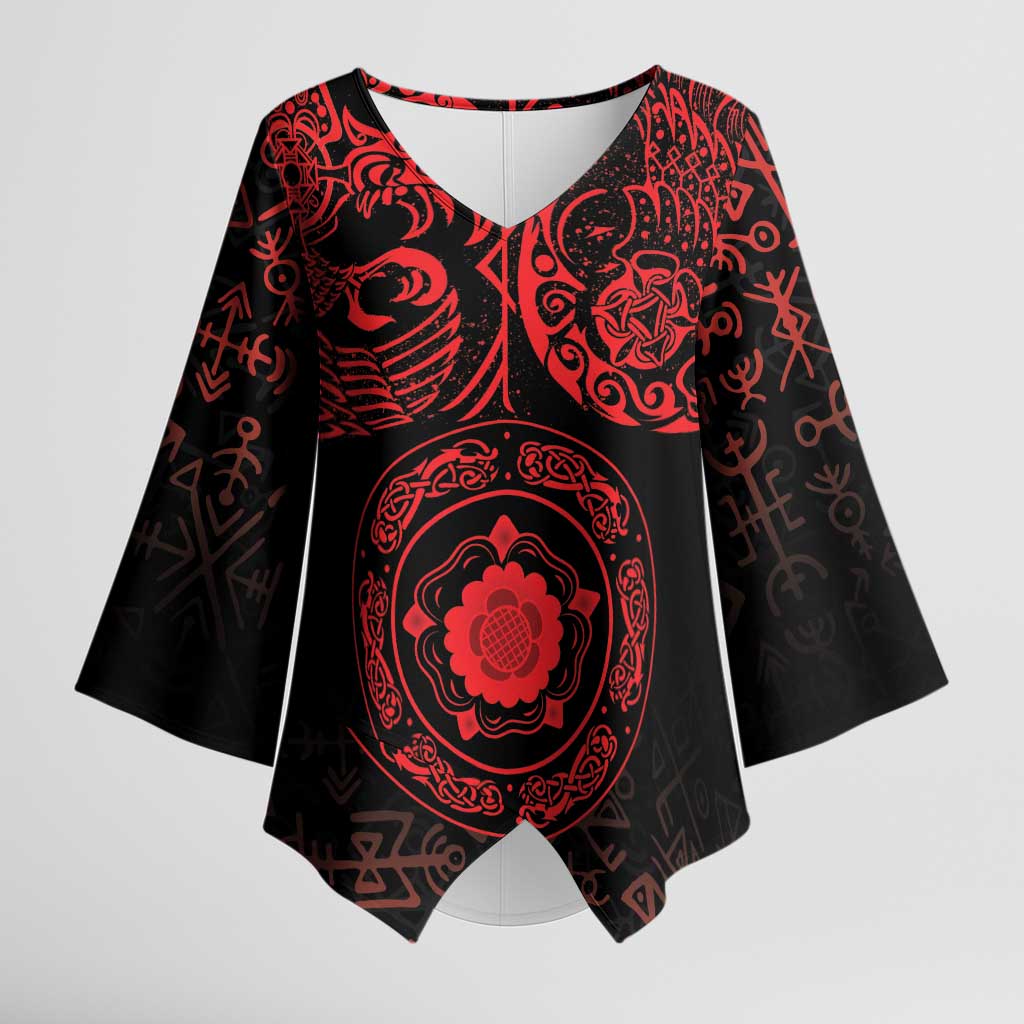 Viking Pride of Yorkshire Kimono Sleeve Blouse Red Odin’s Ravens Nordic - Wonder Print Shop