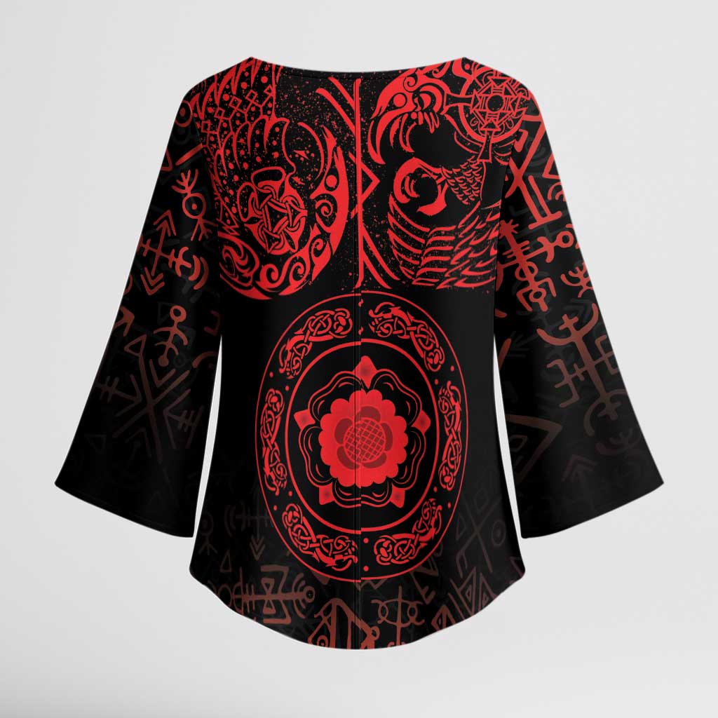 Viking Pride of Yorkshire Kimono Sleeve Blouse Red Odin’s Ravens Nordic - Wonder Print Shop