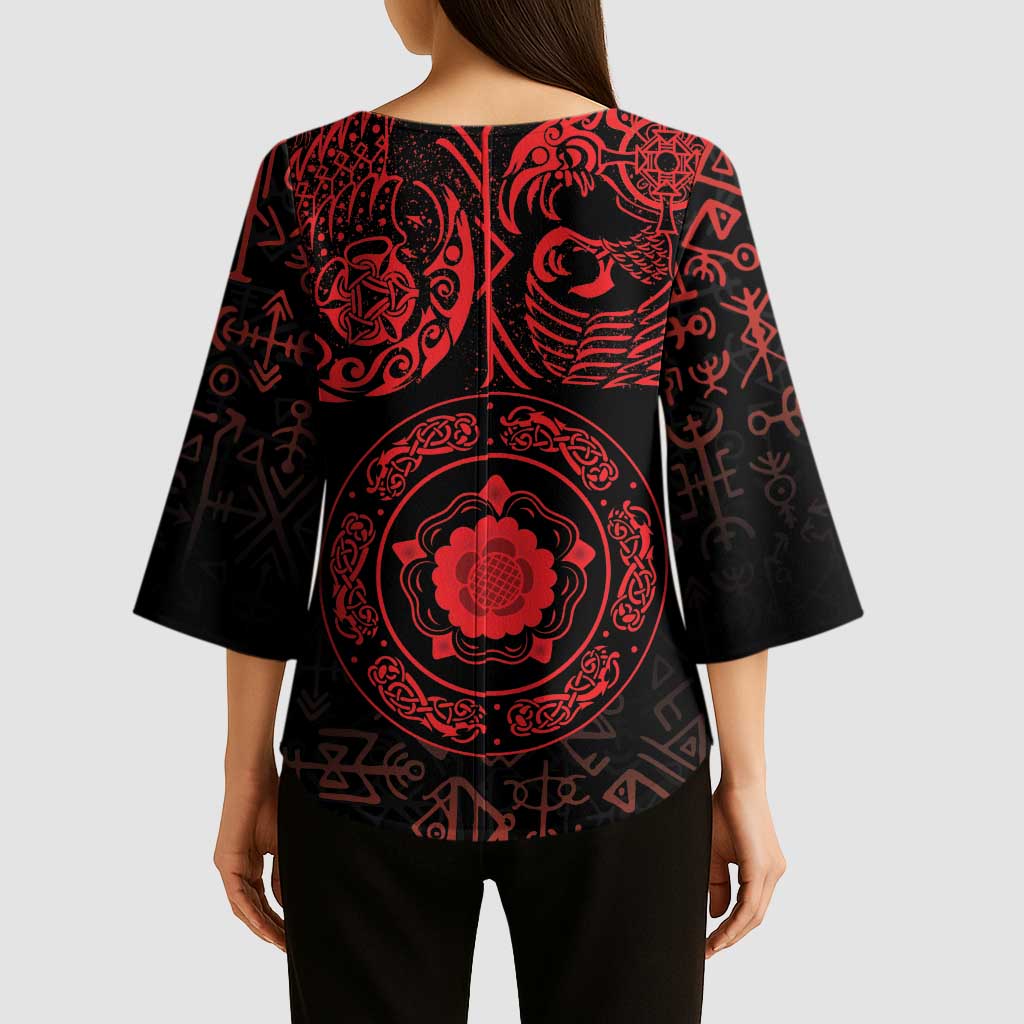 Viking Pride of Yorkshire Kimono Sleeve Blouse Red Odin’s Ravens Nordic - Wonder Print Shop