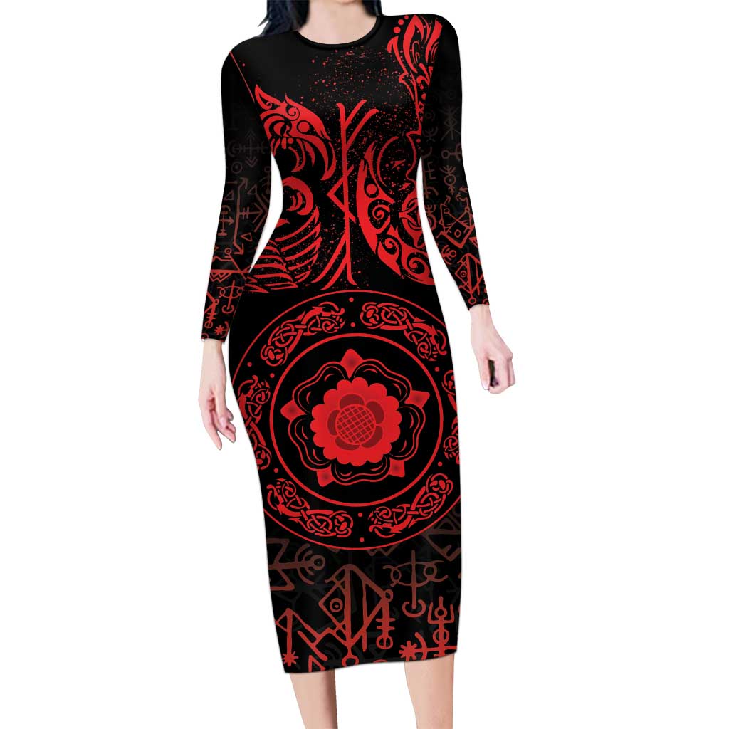 Viking Pride of Yorkshire Long Sleeve Bodycon Dress Red Odin’s Ravens Nordic - Wonder Print Shop
