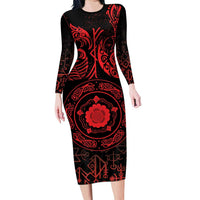 Viking Pride of Yorkshire Long Sleeve Bodycon Dress Red Odin’s Ravens Nordic - Wonder Print Shop