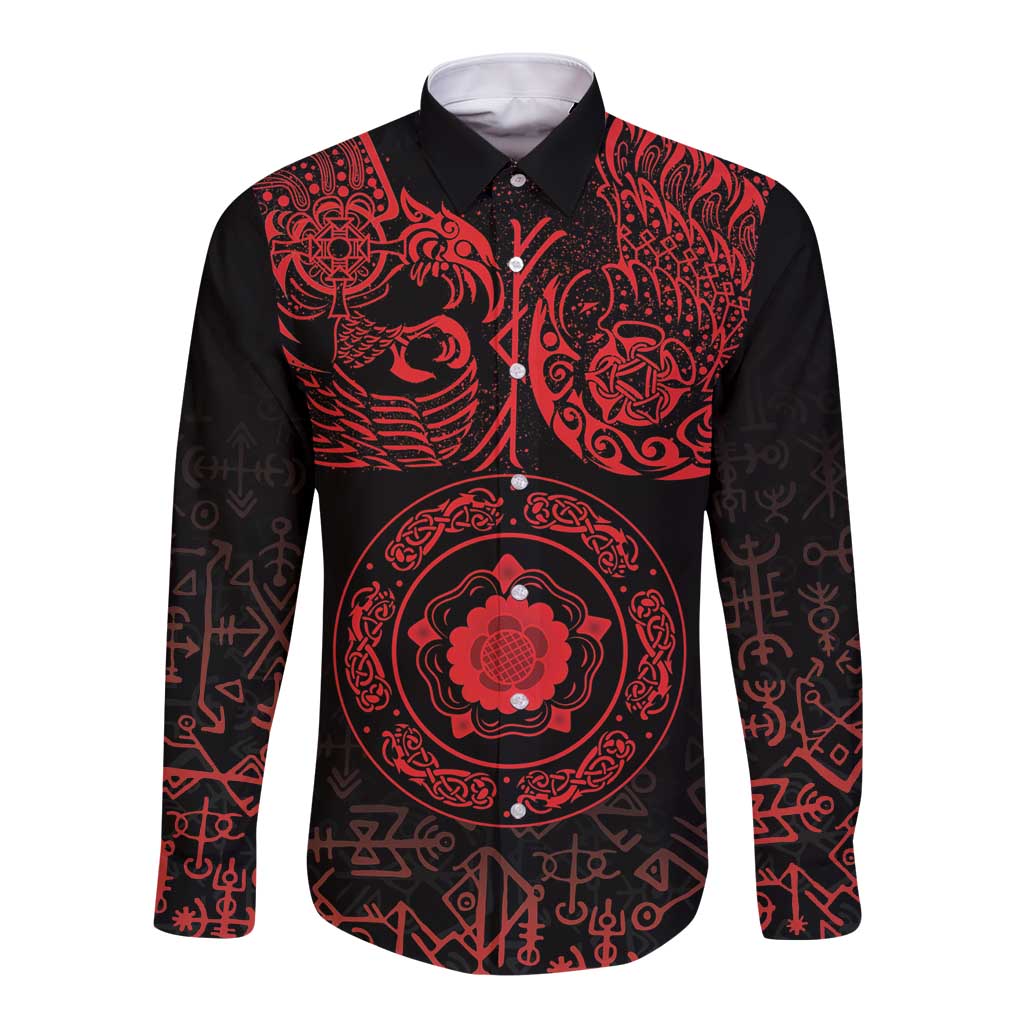 Viking Pride of Yorkshire Long Sleeve Button Shirt Red Odin’s Ravens Nordic - Wonder Print Shop