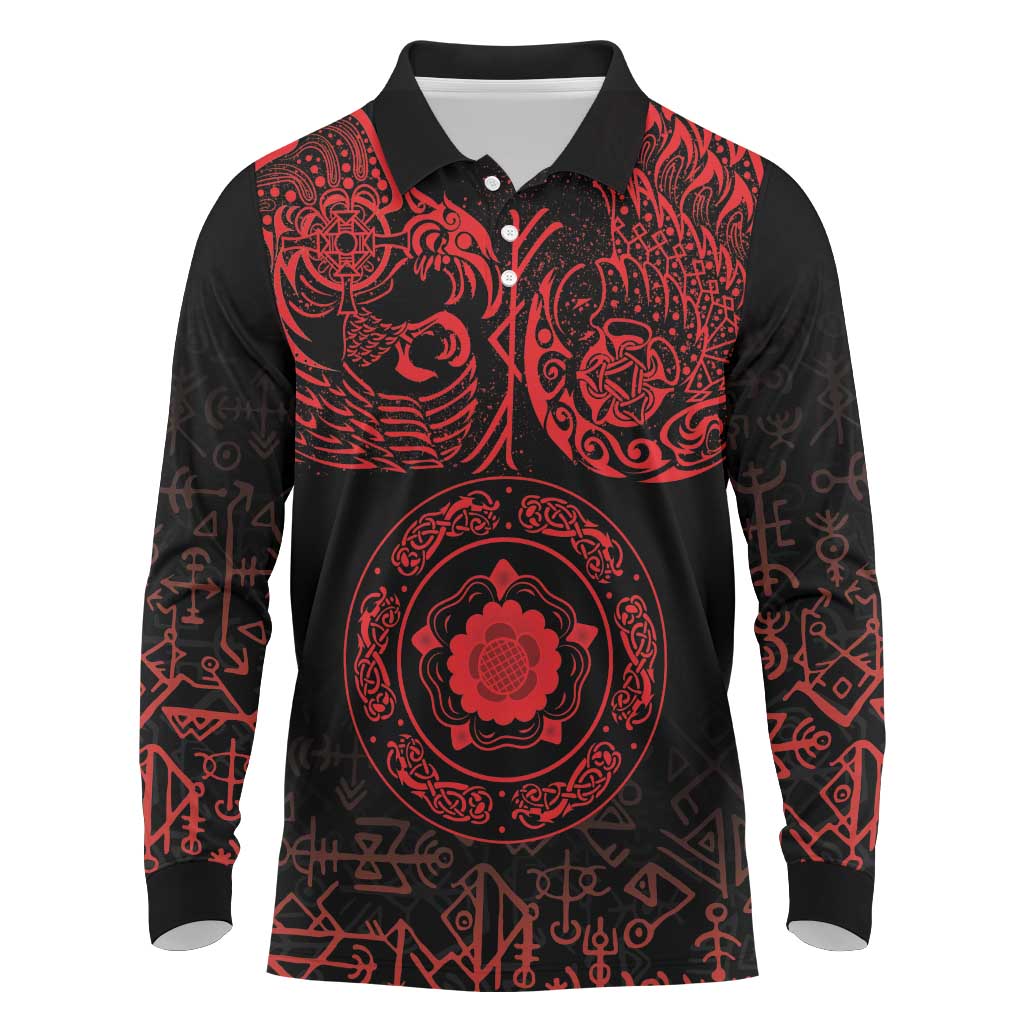 Viking Pride of Yorkshire Long Sleeve Polo Shirt Red Odin’s Ravens Nordic - Wonder Print Shop