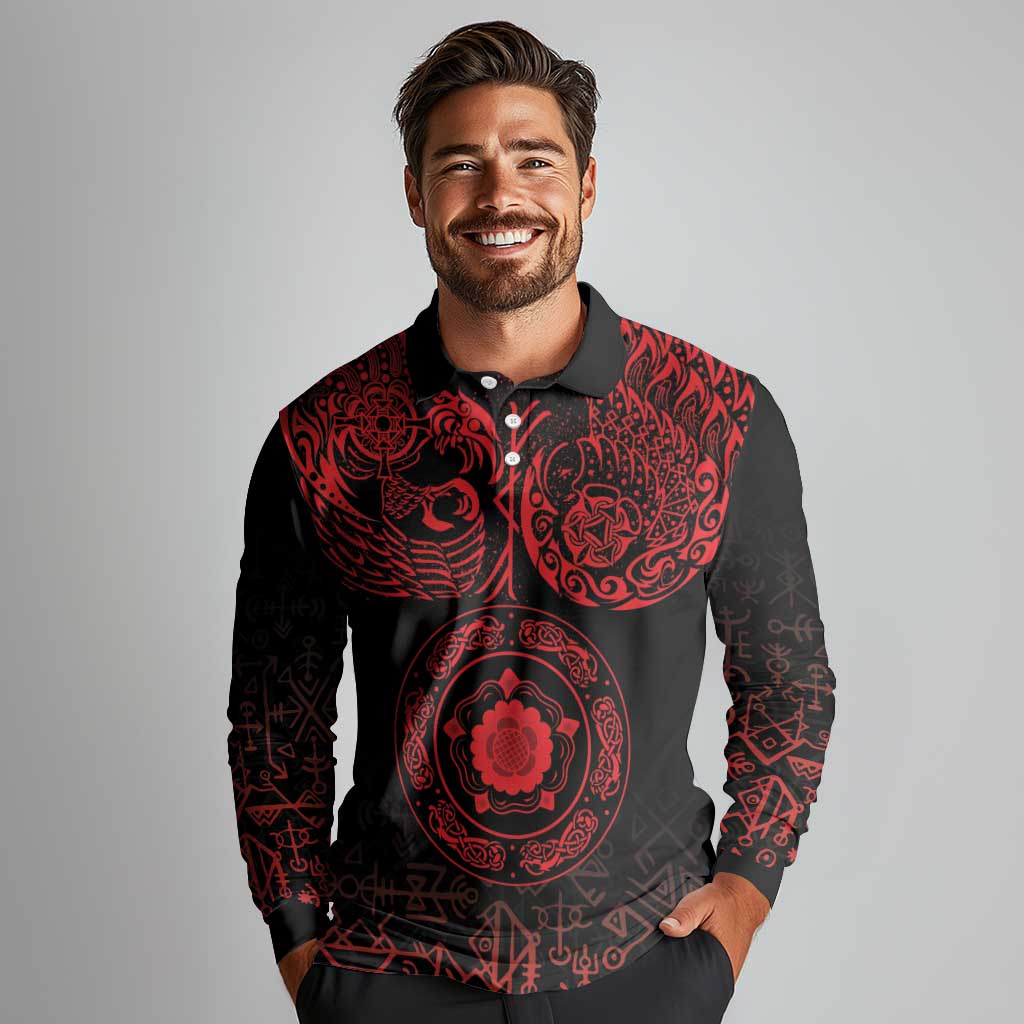 Viking Pride of Yorkshire Long Sleeve Polo Shirt Red Odin’s Ravens Nordic - Wonder Print Shop