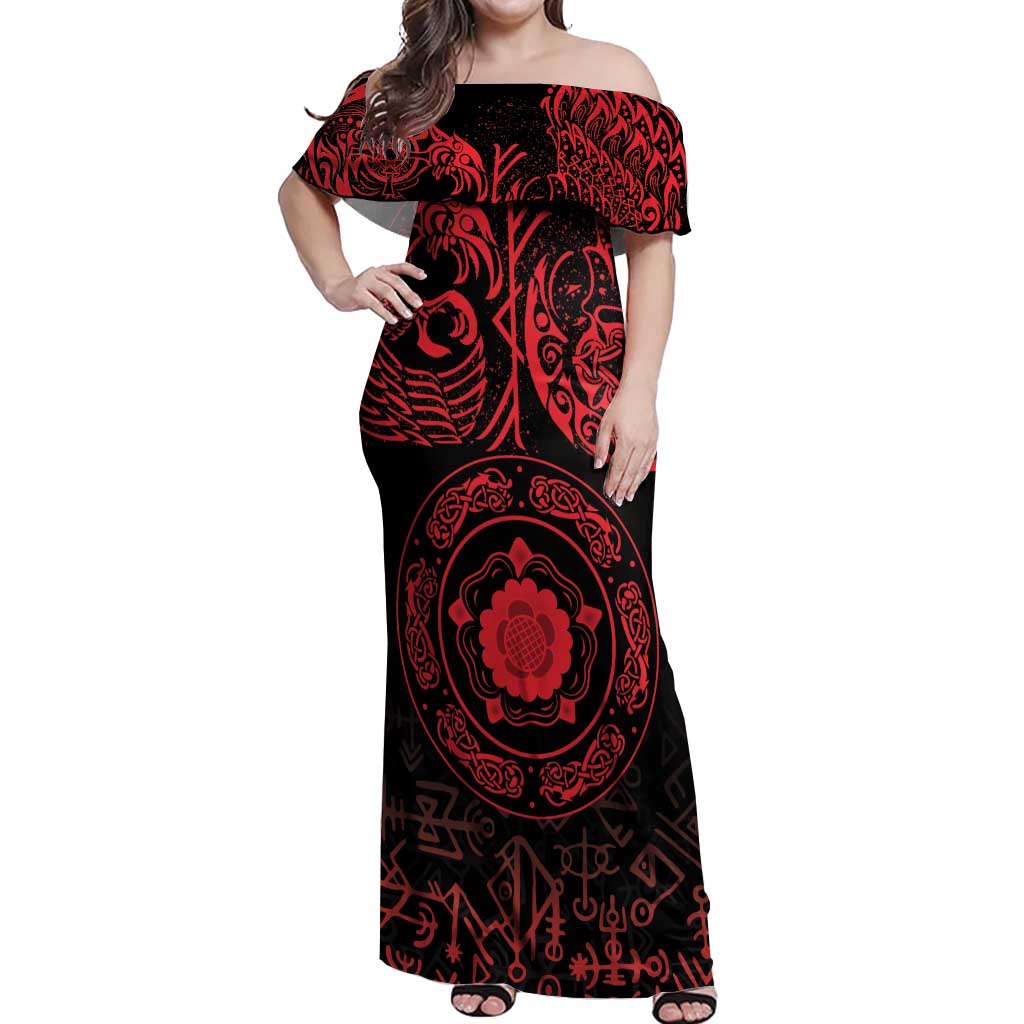 Viking Pride of Yorkshire Off Shoulder Maxi Dress Red Odin’s Ravens Nordic - Wonder Print Shop