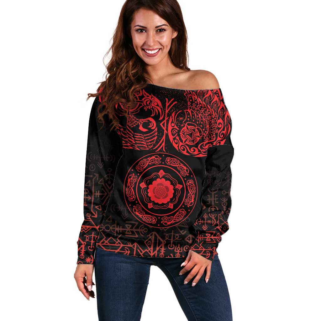 Viking Pride of Yorkshire Off Shoulder Sweater Red Odin’s Ravens Nordic - Wonder Print Shop