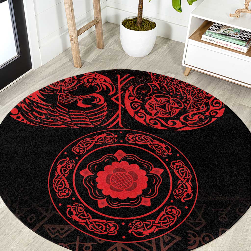 Viking Pride of Yorkshire Round Carpet Red Odin’s Ravens Nordic - Wonder Print Shop