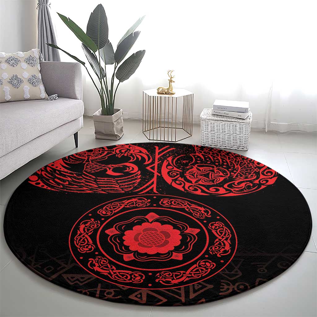 Viking Pride of Yorkshire Round Carpet Red Odin’s Ravens Nordic - Wonder Print Shop