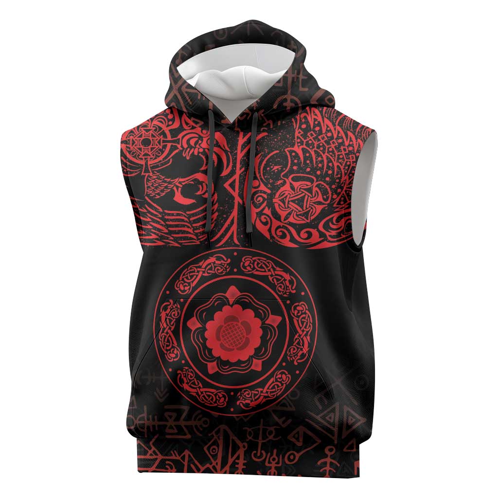 Viking Pride of Yorkshire Sleeveless Hoodie Red Odin’s Ravens Nordic - Wonder Print Shop