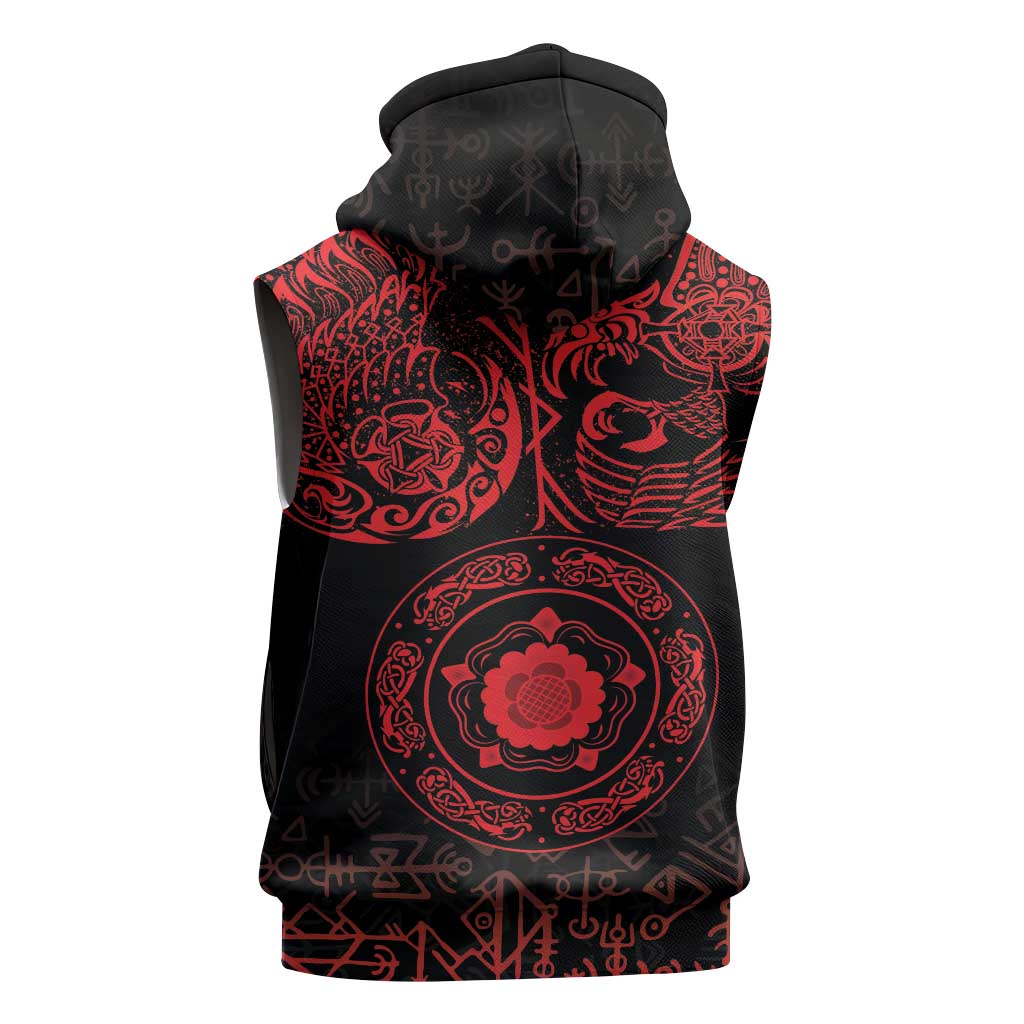 Viking Pride of Yorkshire Sleeveless Hoodie Red Odin’s Ravens Nordic - Wonder Print Shop