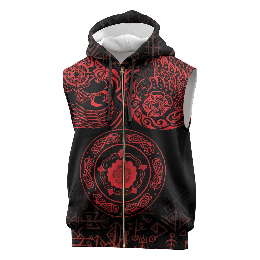 Viking Pride of Yorkshire Sleeveless Zip Hoodie Red Odin’s Ravens Nordic - Wonder Print Shop