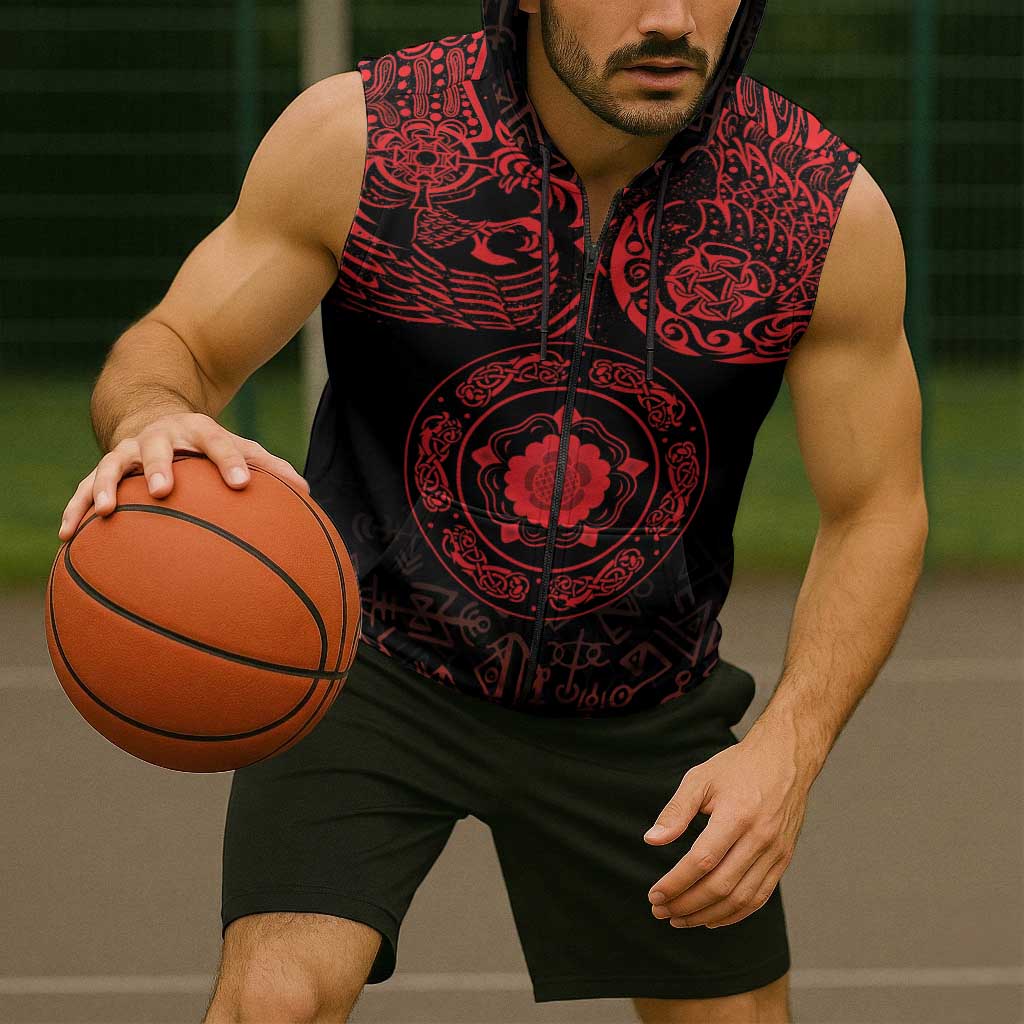 Viking Pride of Yorkshire Sleeveless Zip Hoodie Red Odin’s Ravens Nordic - Wonder Print Shop