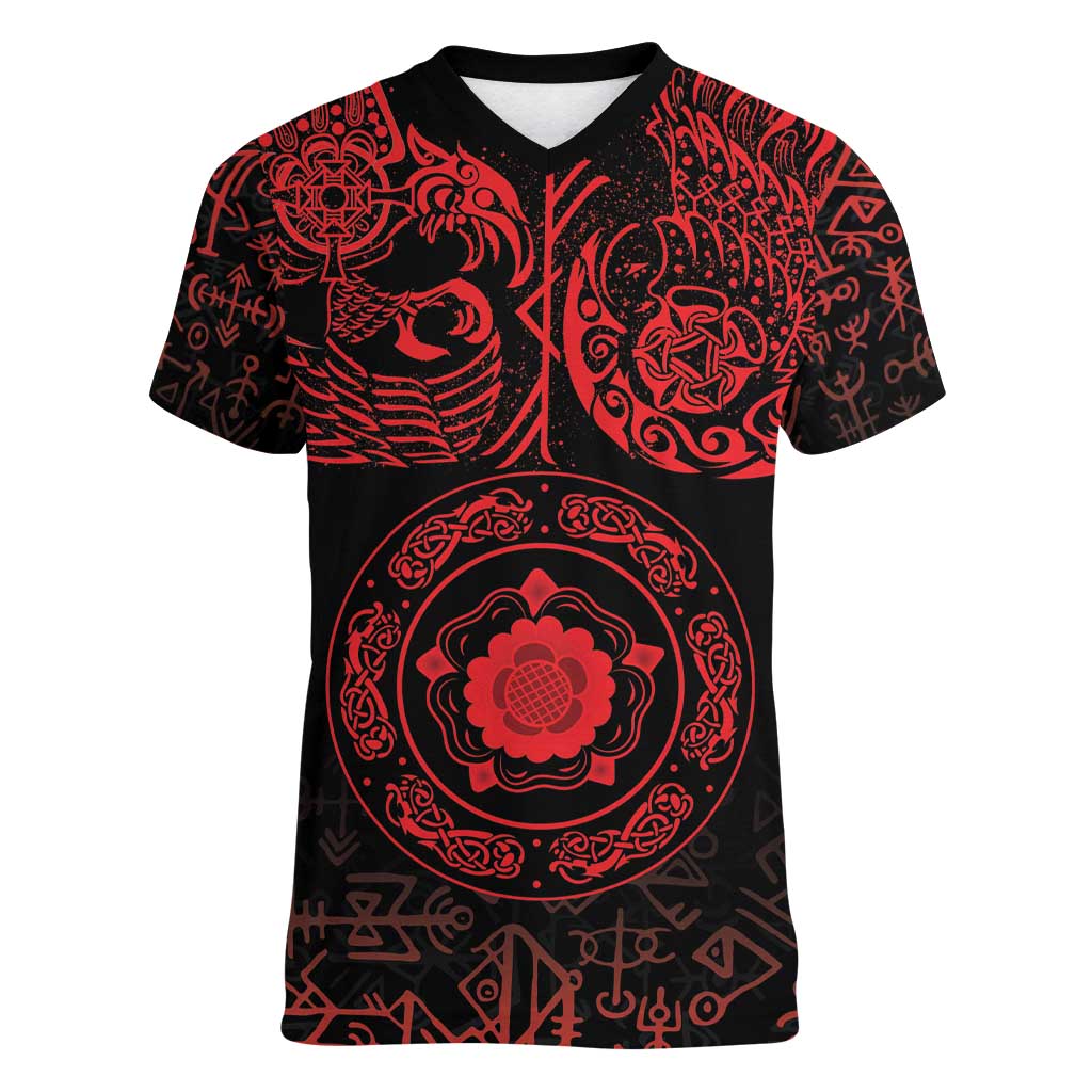 Viking Pride of Yorkshire Women V-Neck T-Shirt Red Odin’s Ravens Nordic - Wonder Print Shop
