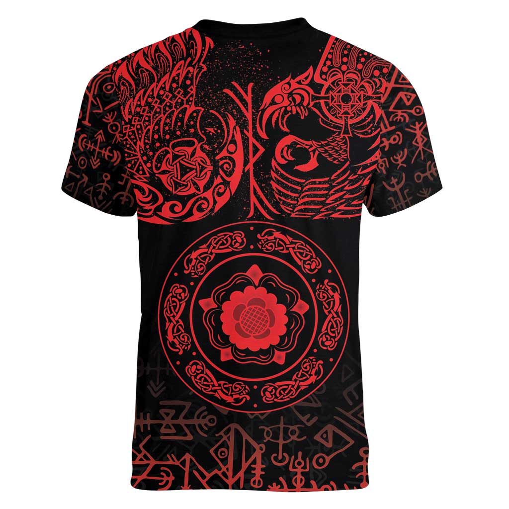 Viking Pride of Yorkshire Women V-Neck T-Shirt Red Odin’s Ravens Nordic - Wonder Print Shop