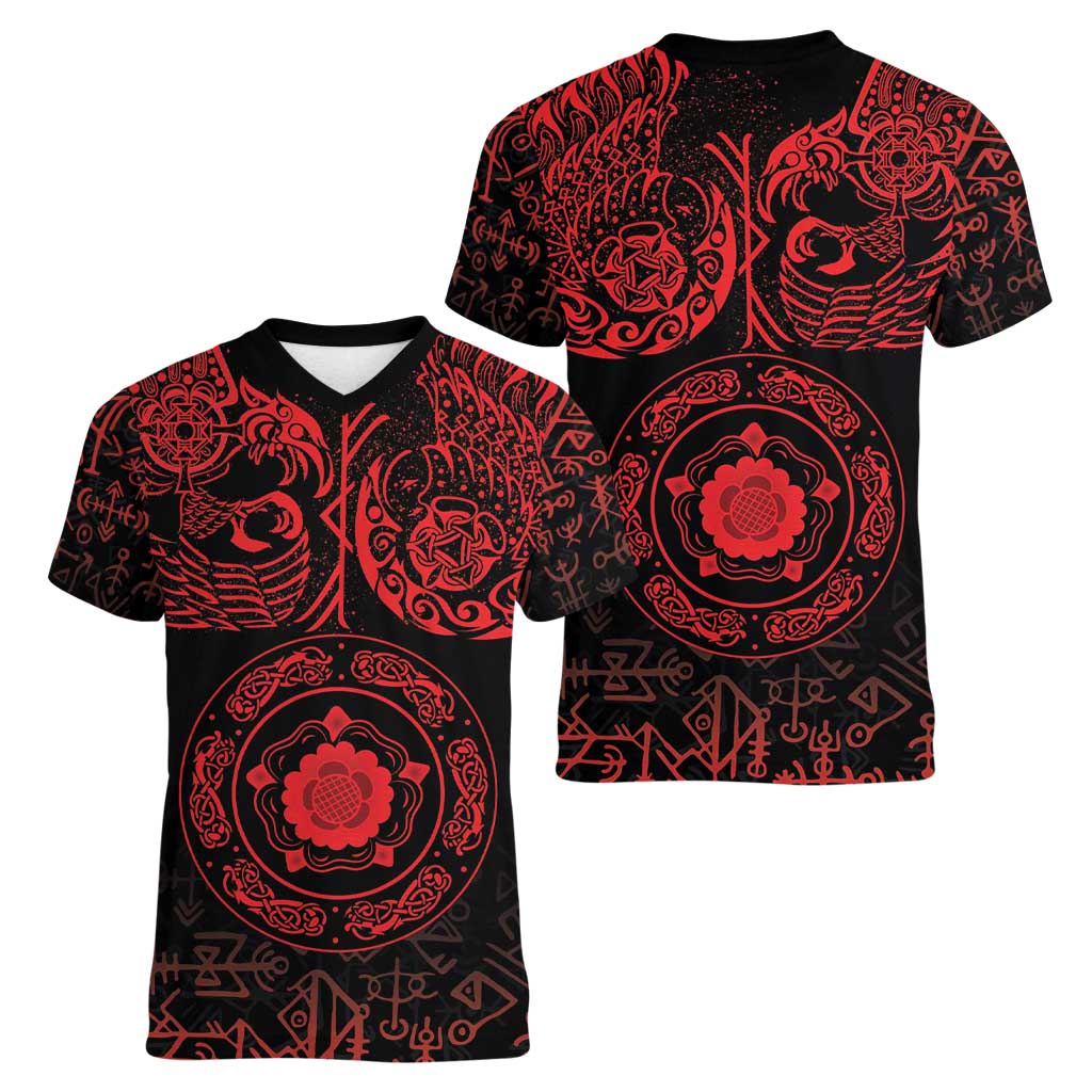 Viking Pride of Yorkshire Women V-Neck T-Shirt Red Odin’s Ravens Nordic - Wonder Print Shop